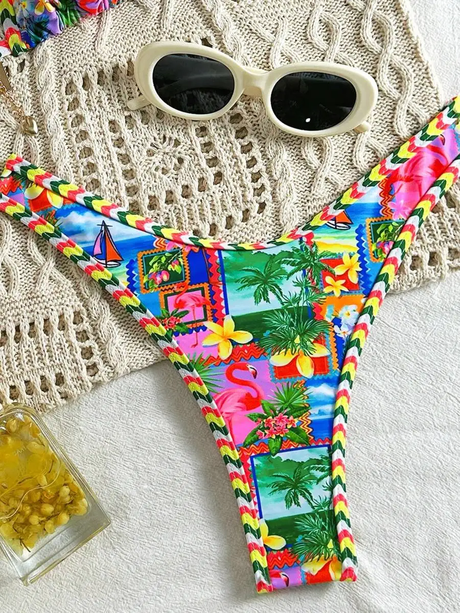 

Tropical Print Two-Piece Halter Neck High-Waisted Boho Swimwear Set With Vibrant Flamingo And Palm Motifs