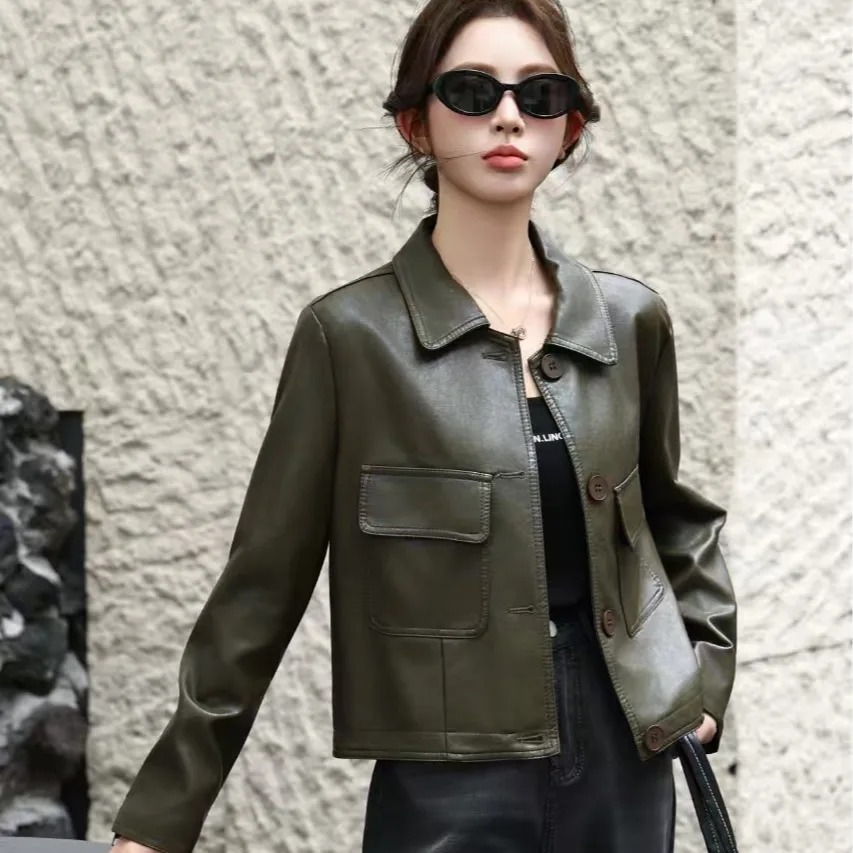 ハイエンドのオートバイレザージャケット、女性用ファッショナブルで多用途なスタンドカラーパッド入りコート、ストリートスタイルのカジュアルアウターウェア