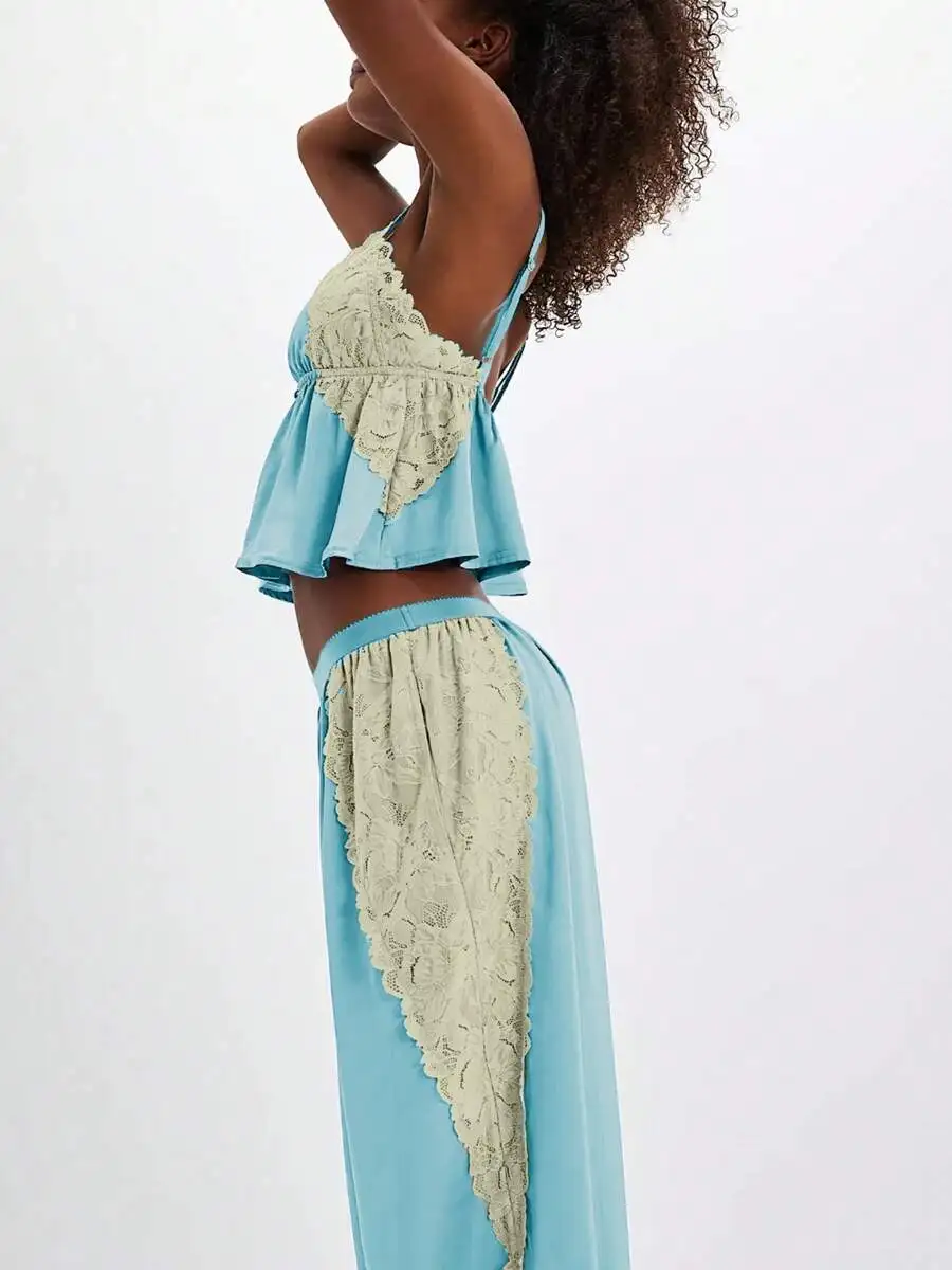 Y2K Aesthetic Lace-Trimmed Satin Two-Piece Pajama Set: Ruffled Spaghetti Strap Crop Top With Flowy Wide-Leg Pants