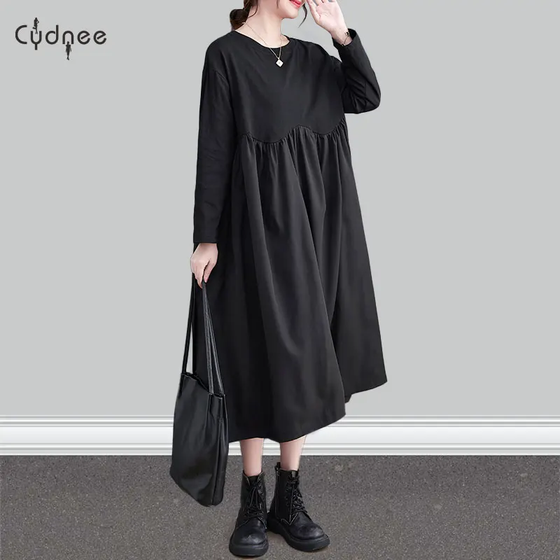 Long-Sleeve Plain Midi A-Line Dress Solid Patchwork Wrap Dress Versatile Stylish Suitable For Casual Events Spring Autumn