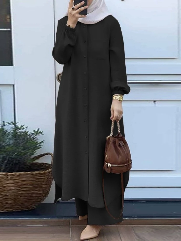 Casual Muslim Dress for Women Blouse 2 Piece Set Long Sleeve Shirt Pant Suits Saudi Arabic Dubai Button Up Dresses Autumn 2023