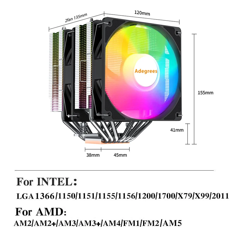 6 Heat Pipes CPU Cooler ARGB 4PIN PWM 200W 120mm Air Cooling Cooler for LGA 1700 1366 1151 1155 X79 X99 AMD AM4 AM5 Ventilador