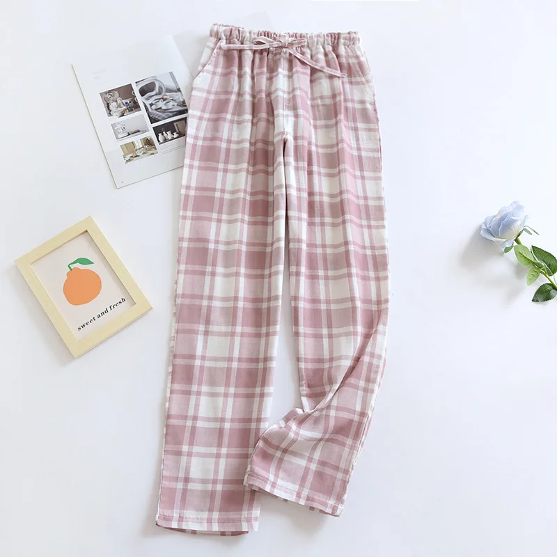 Couple Plaid Pants Cotton Long Trousers Casual Thin Home Pants Loose Drawstring Sleep Bottoms Women Pink Plaid Pajama Men Pants