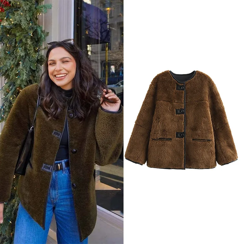 

Осенняя женская лоскутная куртка из искусственного меха, повседневное женское пальто с круглым вырезом, модная женская теплая куртка на пуговицах, шикарные топы