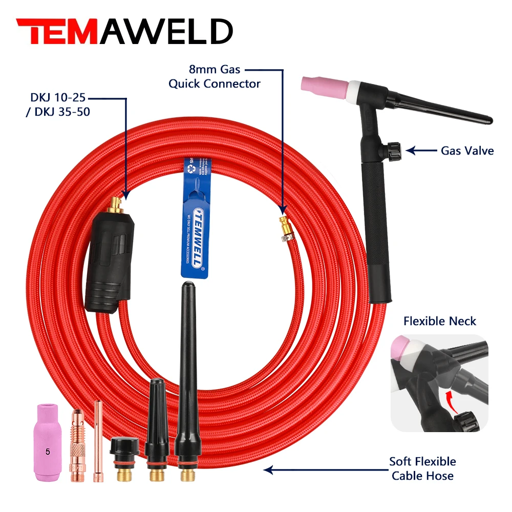 Professional  WP17 WP17FV Welder Gun TIG Welding Torch 150A 4M Soft Hose Flexible Gas Valve Quick Connector DKJ10-25 35-50