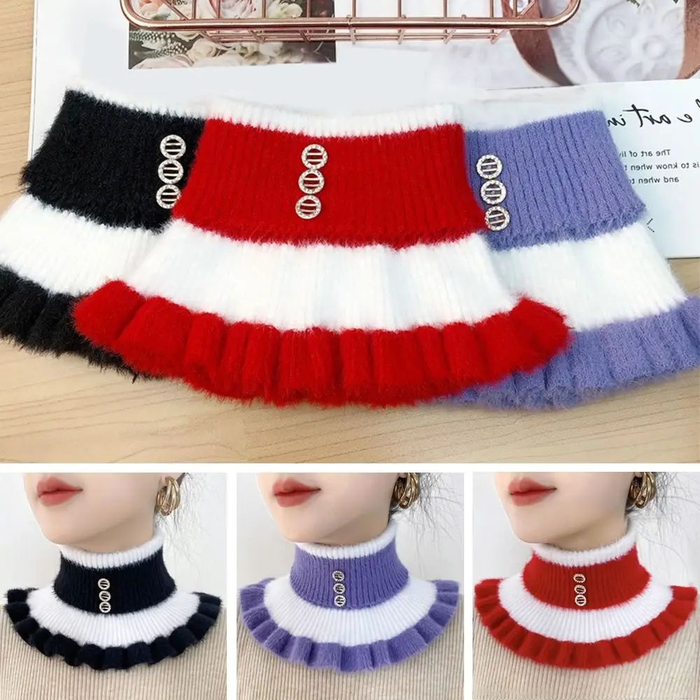 New Winter Thick Mink Velvet Ruffle Elastic Fake Collar Pullover Warm Scarve Women's Wool Knit Stripe Diamond Neck Guard Scarf