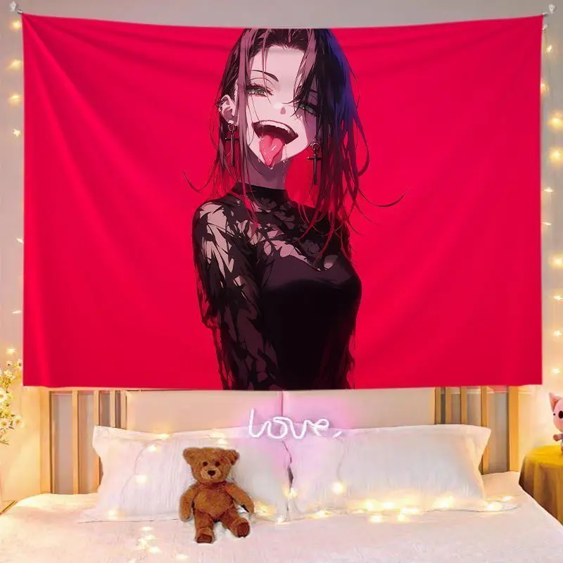 VIKAMA White Line Drawing Anime Girl Biting Finger Hanging Tapestry Wall Art Home Decor Bedroom Dorm Minimalist Soft Durable