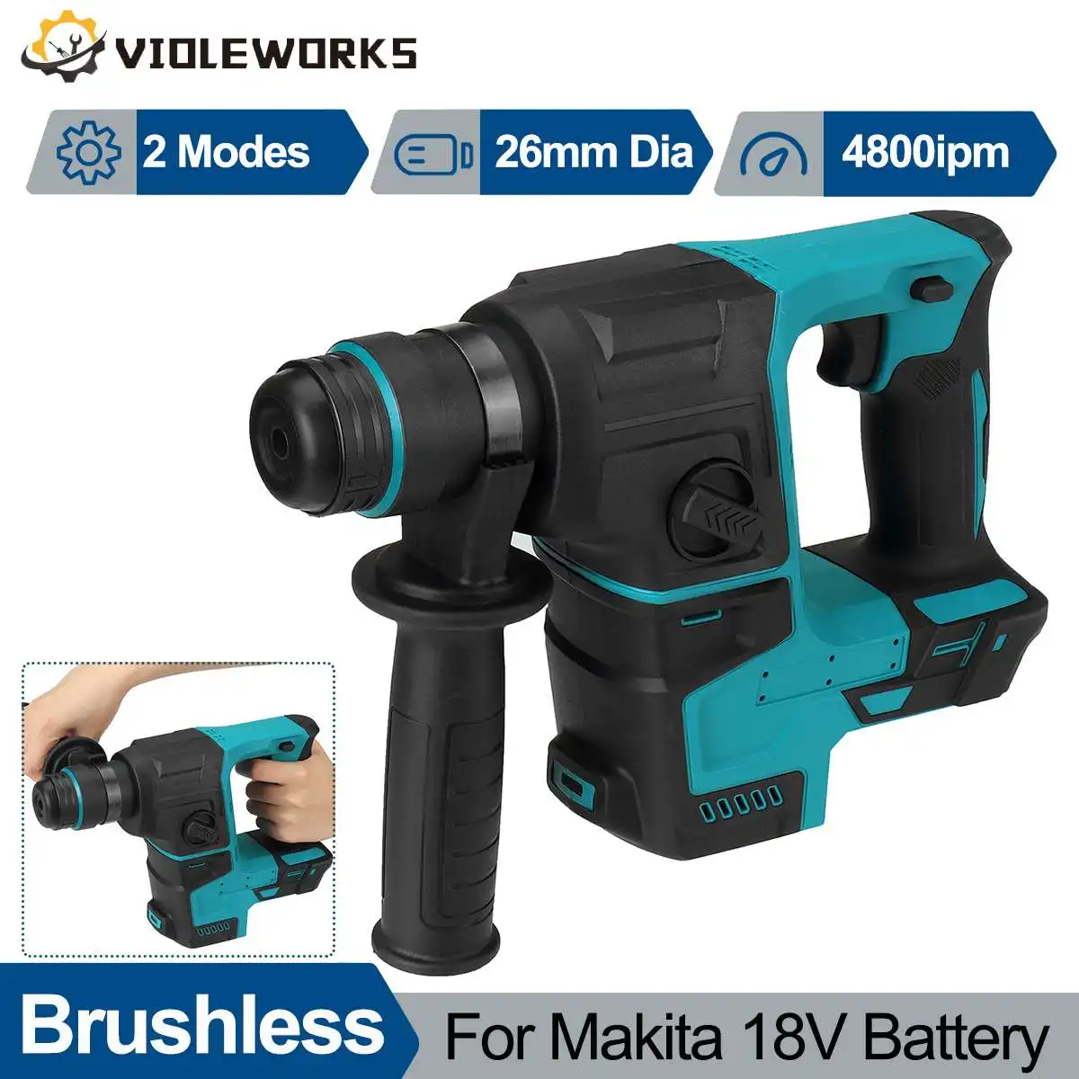 

26mm Cordless Electric Hammer Drill Brushless Rechargeable Rotary Hammer Drilling Chiseling Power Tool for Makita 18V Battery