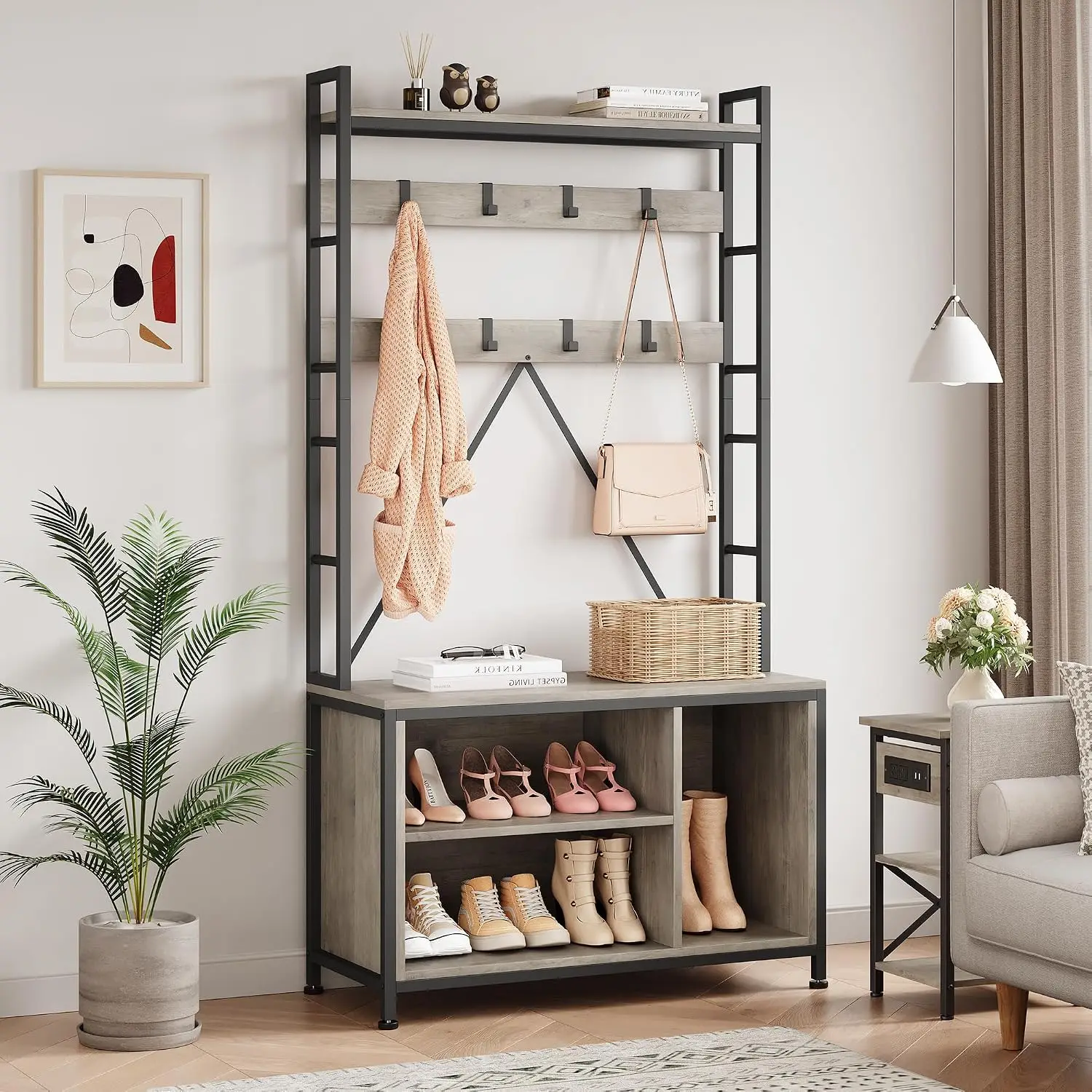 Garvee Armoire de rangement 5-en-1 avec banc à chaussures, 17 crochets réglables, tiroirs et étagères – Organisateur d'entrée moderne et peu encombrant pour couloir, entrée ou chambre – Gris