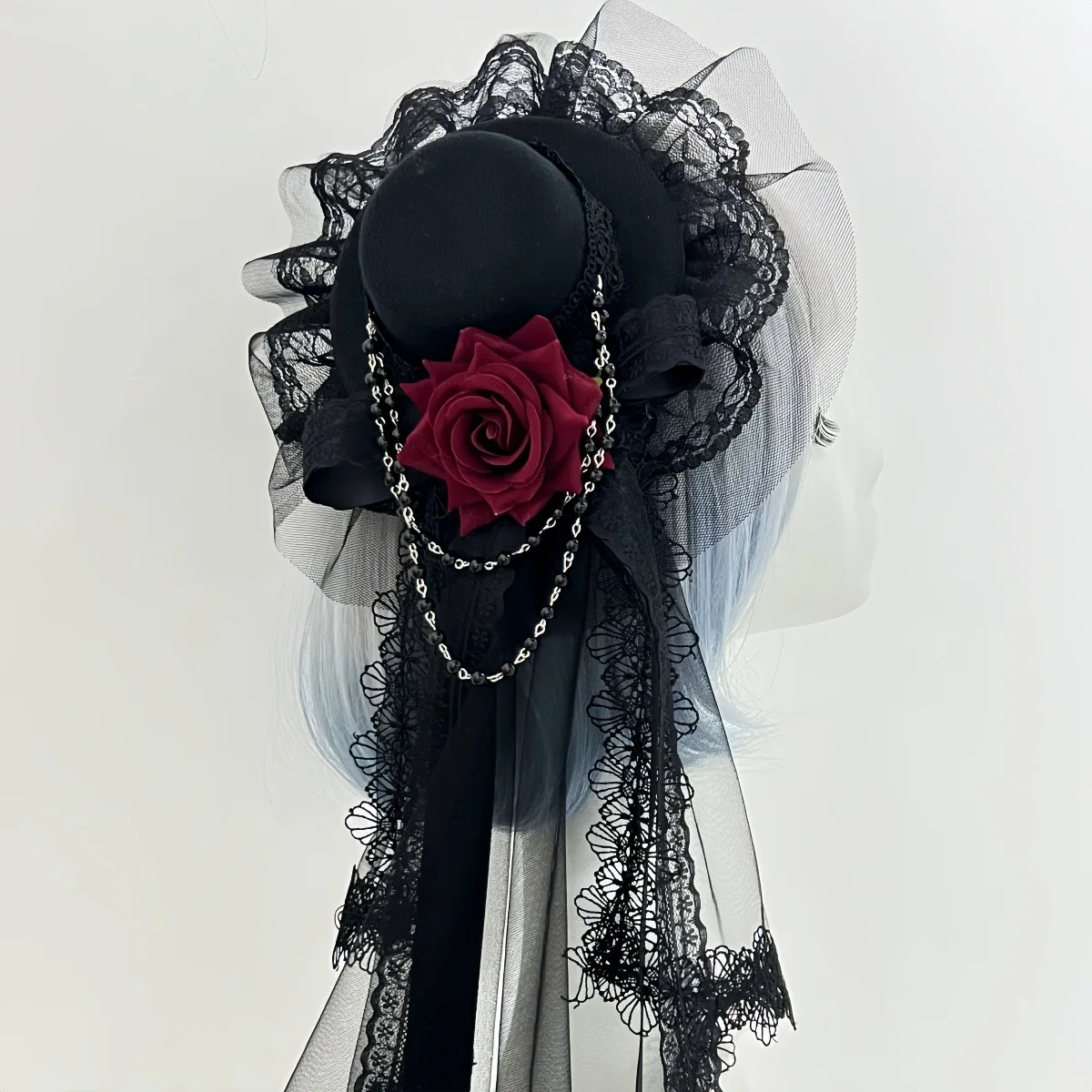Lolita Girls Top Hat Rose with Chain Lace Hat
