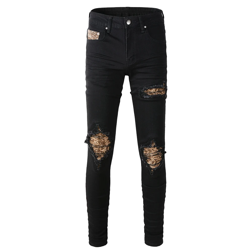 Men Leopard Print Patch Jeans Streetwear Black Stretch Denim Cotton Pants Holes Ripped Patchwork Skinny Tapered Trousers