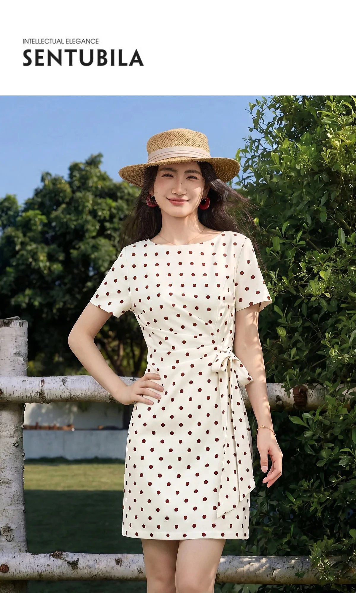 SENTUBILA Damen Französisches Polka-Dot-Kleid Leinen A-Linie Retro Mode Kurzarm Kurzes Kleid Damen Partykleidung 162LI7499 – Detail 1
