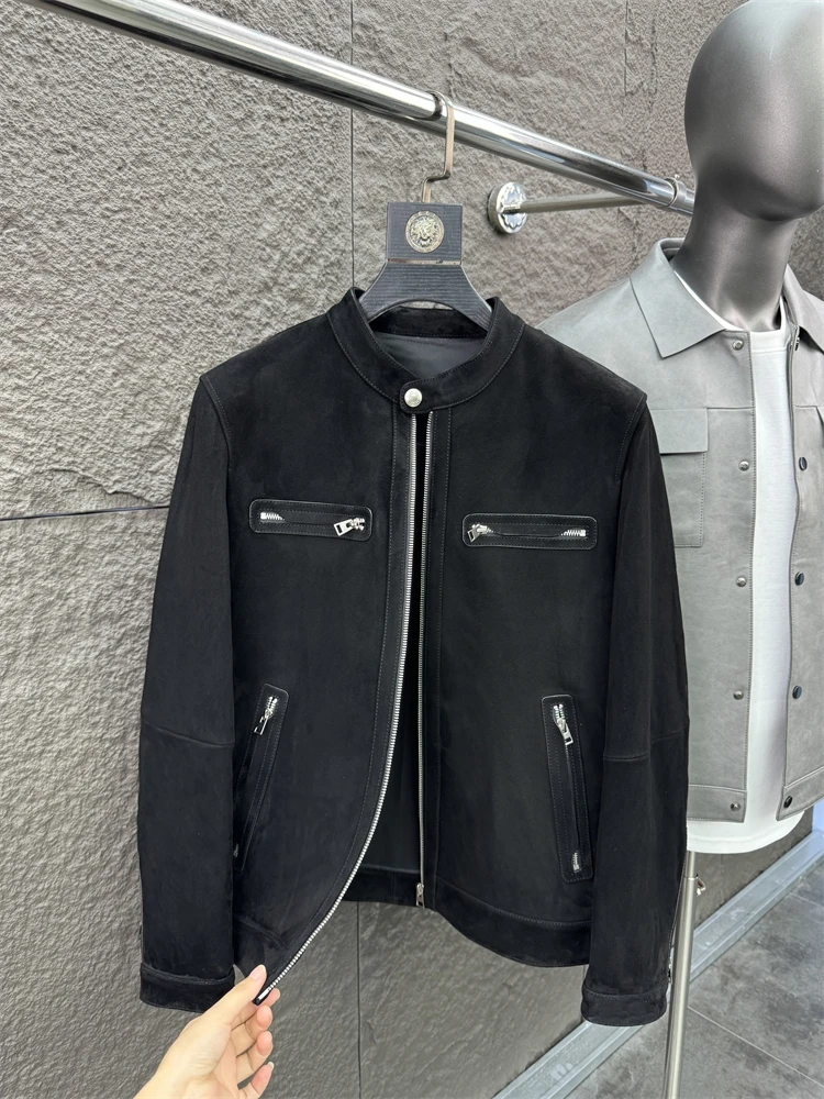 

Svip 42W Men's Slim Fit Stand Collar Faux Suede Goat Leather Jaet Faionable Urban Sle Youth Leather Coat Jaet