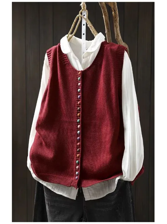

Loose Knitted Jaet Vest Autumn Winter Button up Casual Sle V-Ne Regular Length Single Button Closure Color