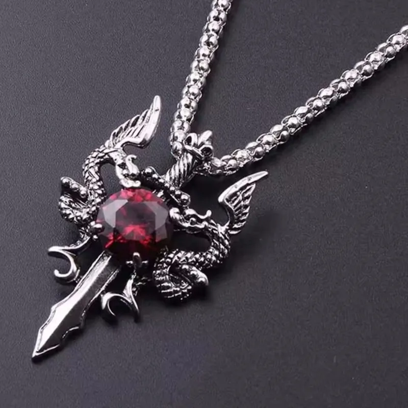 Gothic Dragon Water Diamond Long Necklace Men's Dominant Retro Dragon Necklace Halloween
