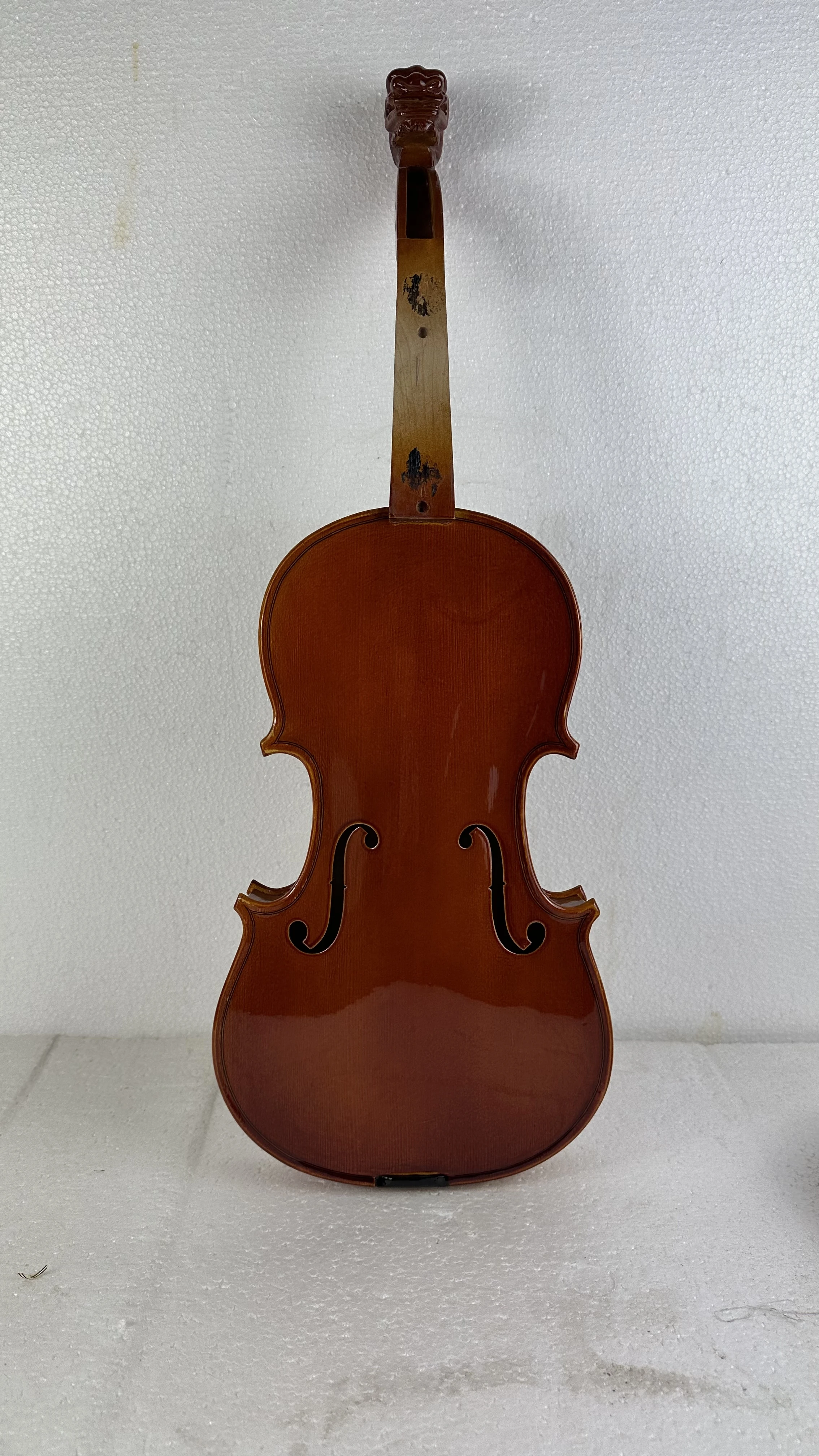 Semi Finished Violin Flame Maple Toed Spruce Top, Hand carved, Solid Wood Dragon Head Body, Transparent Paint, in Stock, 4/4