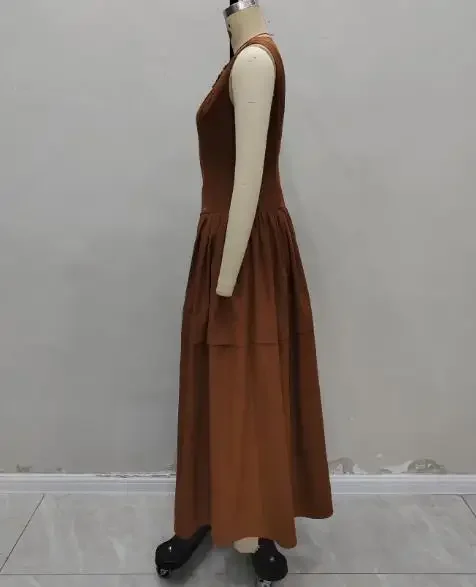 

New Fashion Female Dresses Elegant Sleeveless Round Neck Front Zipper Design High Waist and Large Swing Layered Dress for Women