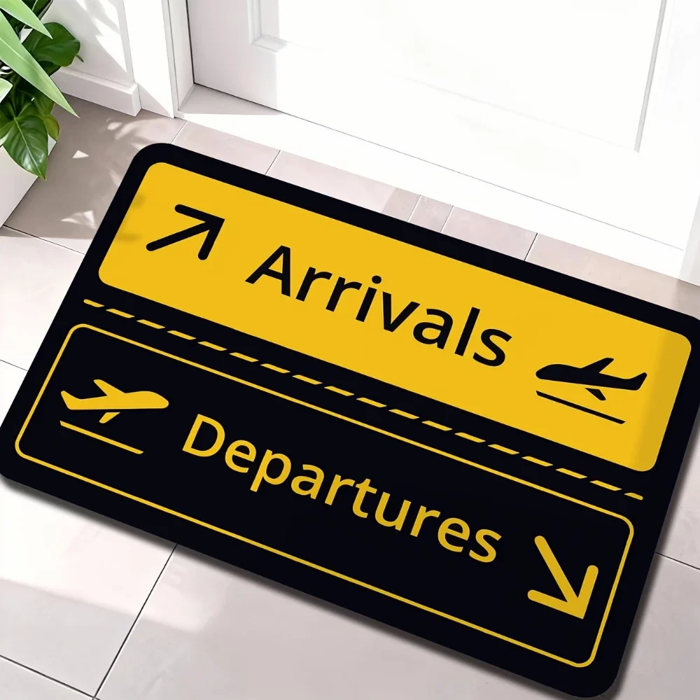 Airport Arrival Departure Doormat, Airplane Sign Print Rug for Home Entryway Kitchen & Living Room Decor, Durable & Non-slip