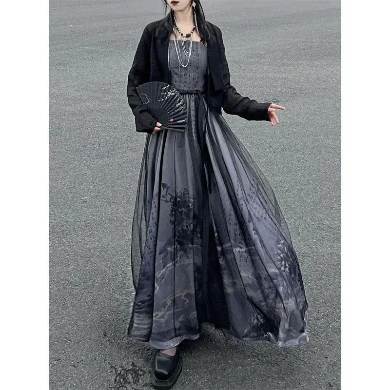 2024 Summer Improved Chinese Traditional Black Printed Hanfu Dress Two Piece Set Women Gothic Modern Halloween Cosplay Costume