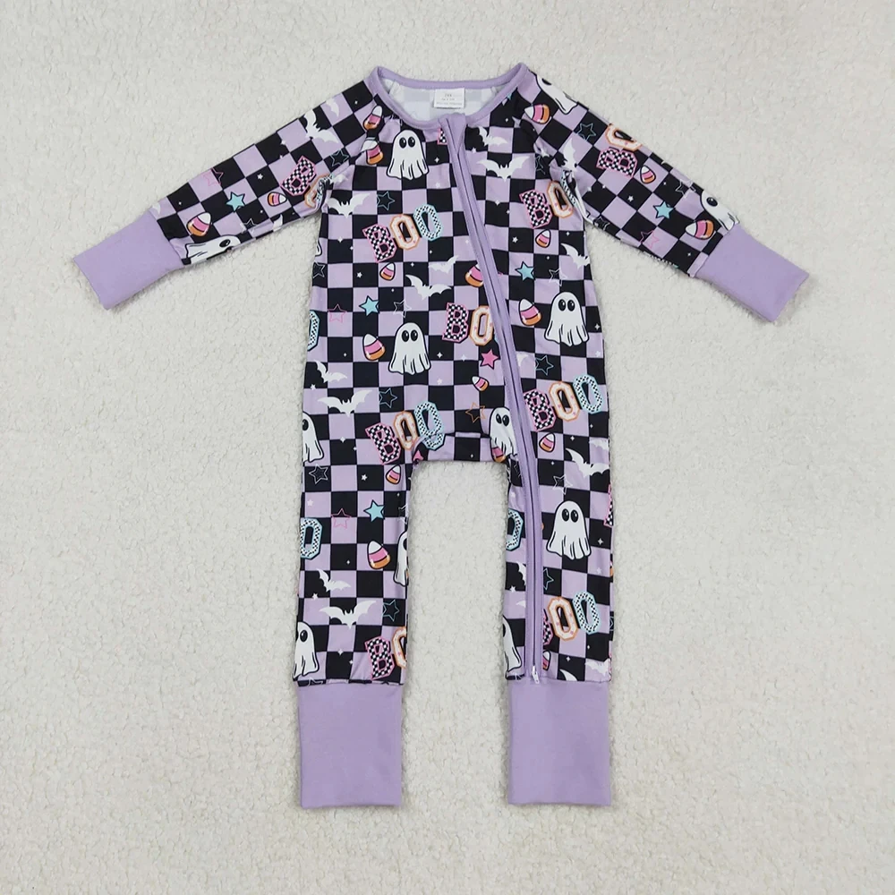 9.6 Children Newborn Halloween Footie Romper Girl Infant Ghosts Checked Purple Clothes Girls Baby Kids Toddler Zipper Jumpsuit