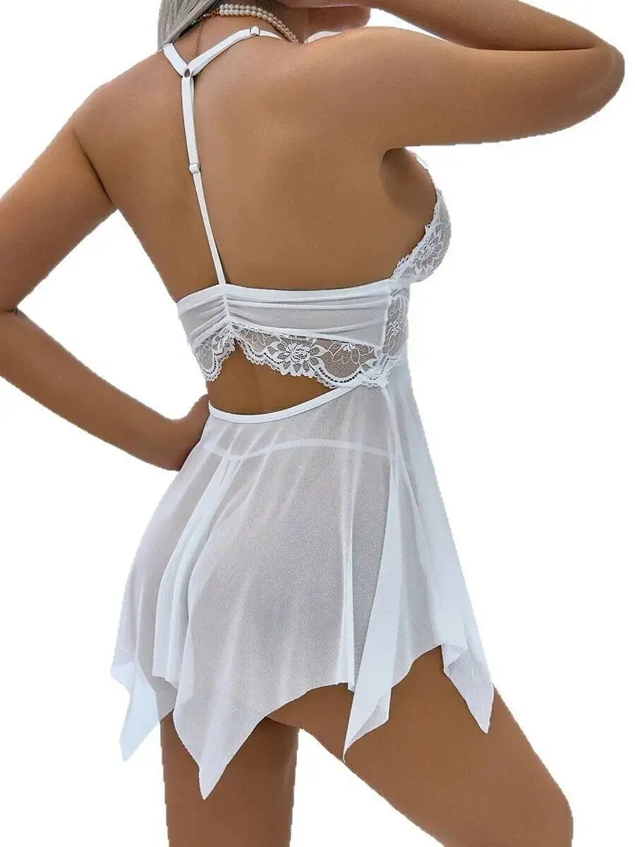 Sexy Transparent Strap Dress White Ladylike Cute Flower Print Dress Backless Deep V Suspenders Sleeveless Dress Pure Desire W5K9