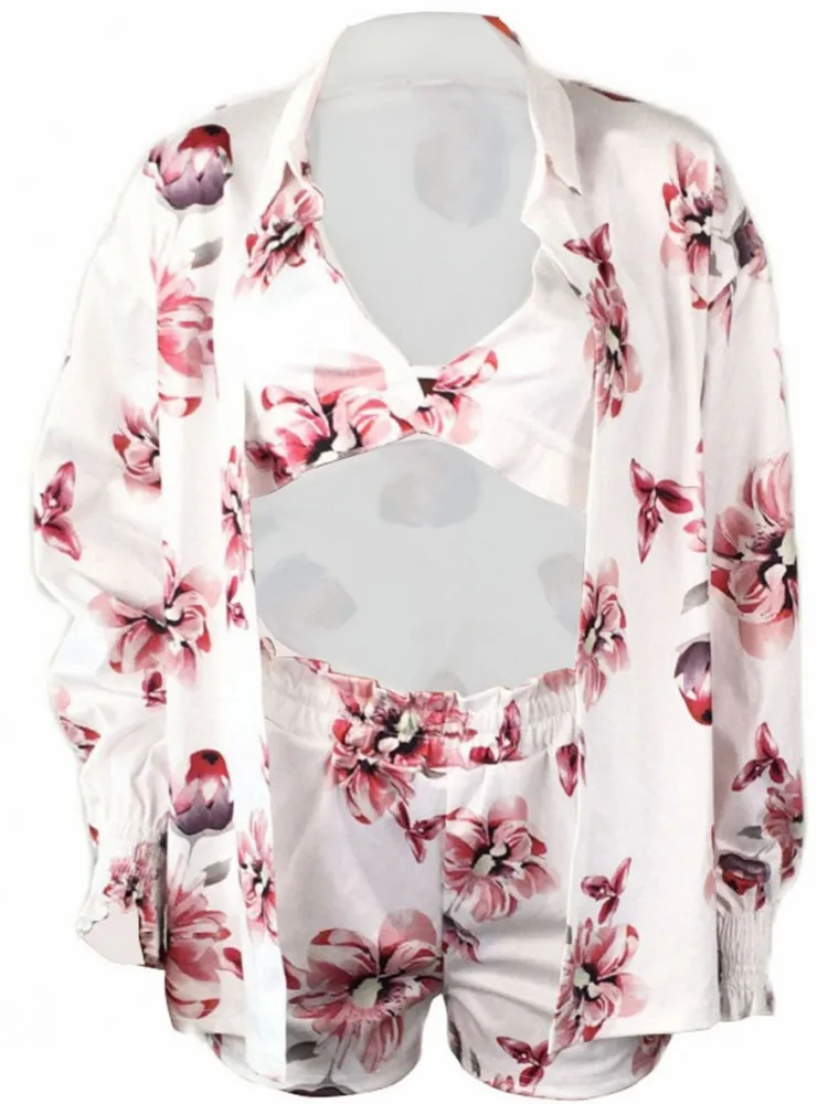 Set da 3 pezzi Sexy 2025 Estate Primavera Moda Donna Set Camicia a maniche lunghe con fiori femminili Top e pantaloncini Abito coordinato