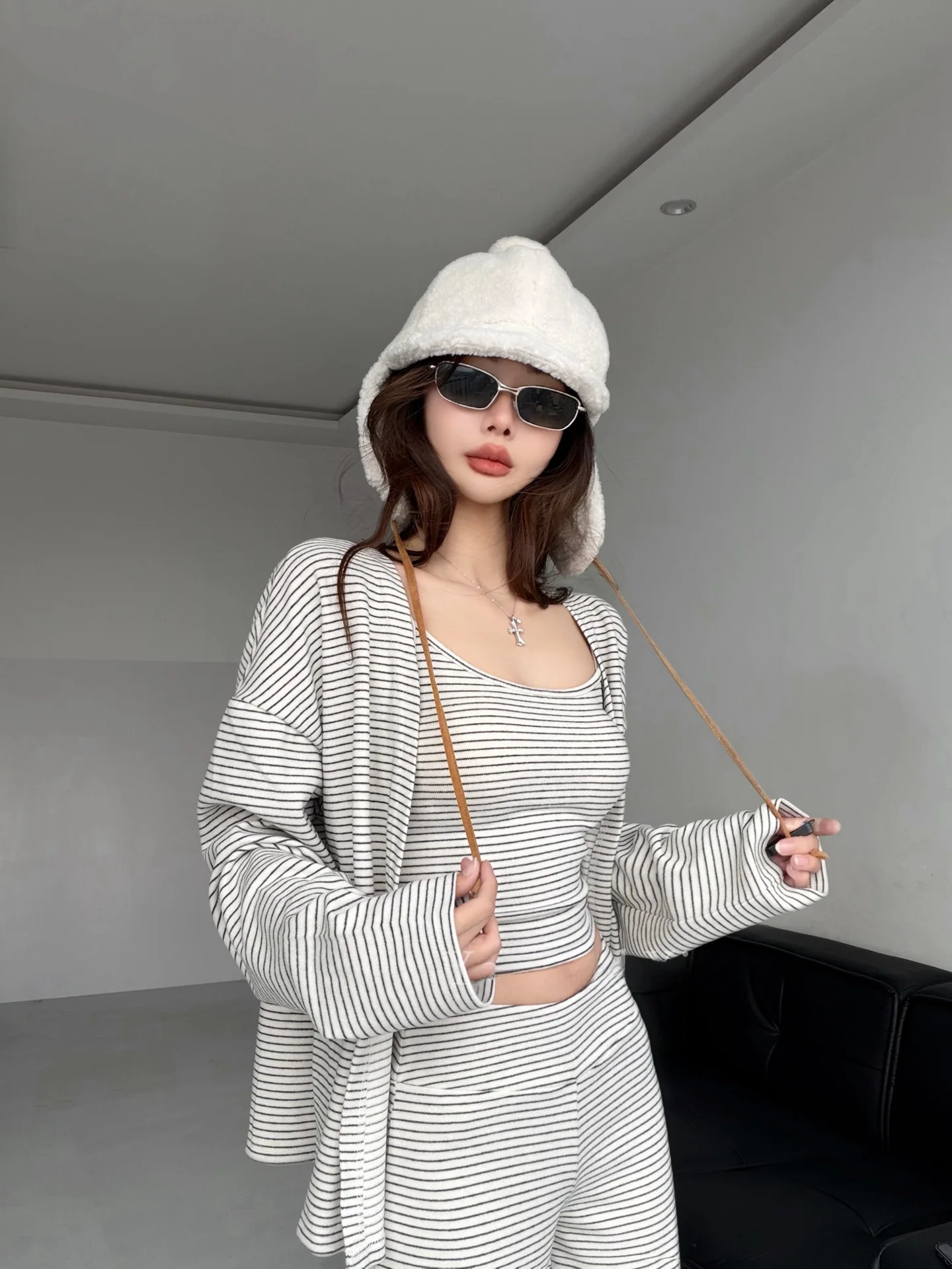 레트로 슬레 스트라이프 티셔츠 세트 슬림핏 롱 레그 오픈 가디건 롱 팬츠 베스트 여자용 하이웨이스트 가을 패션 세트