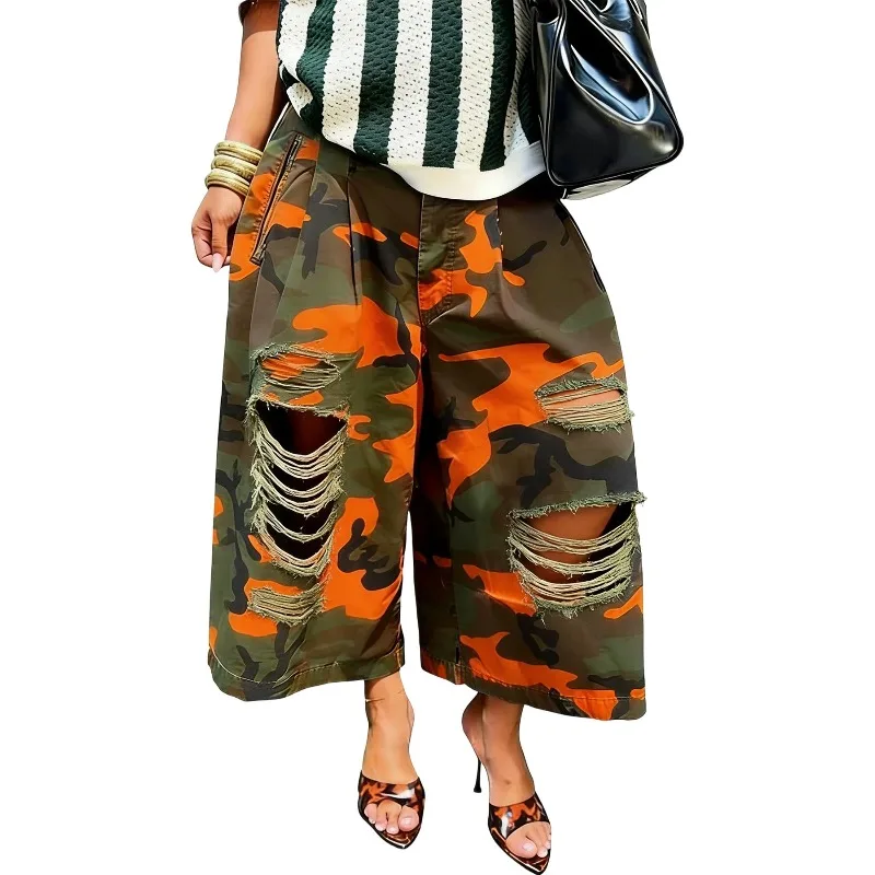 Camouflage Print Holes Loose Casual Denim Trousers Women Fashion Y2K Streetwear Jeans Wide Leg Trousers Hip Hop Sweatpants