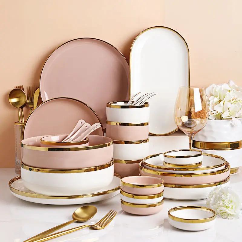 Bright White And Pink With Gold Rim Porcelain Plates Kitchen Dinner Plate Set Ceramics Food Dishes Salad Noodles Bowl