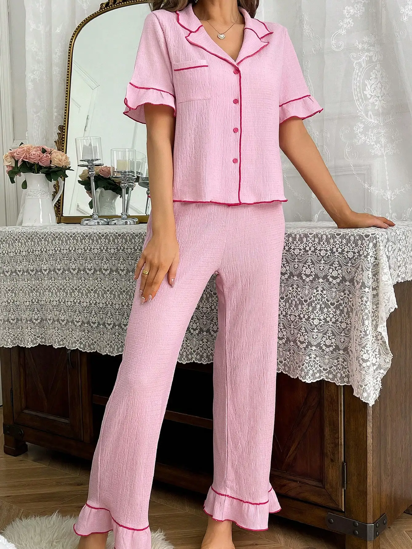 طقم بيجامة نسائي بأكمام قصيرة مزين بحواف متباينة #6