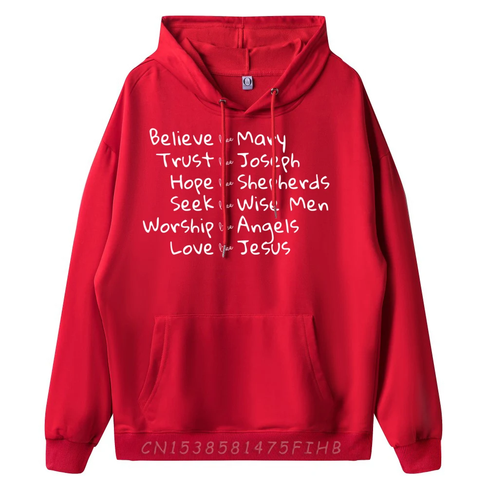 Believe like Mary and Trust like Joseph Christmas Image Green And White Graphic Hoodies Graphic Sweatshirts Tops & Tees