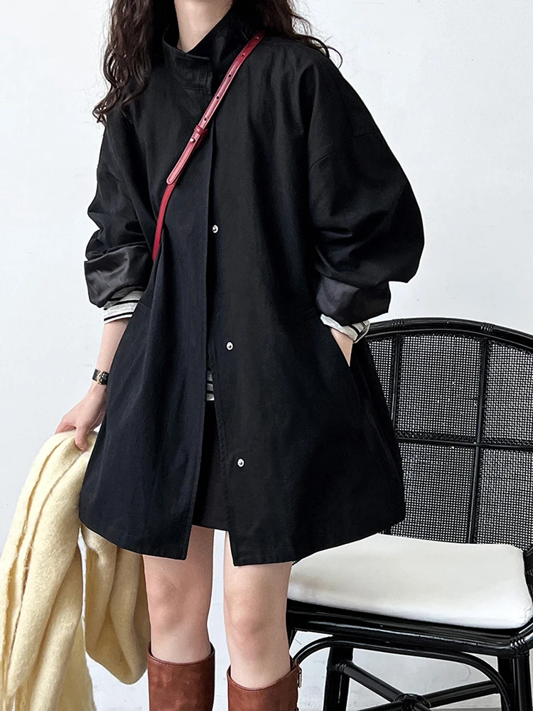 [EAM] Loose Fit Brown Big Size Casual Jacket New Stand Collar Long Sleeve Women Coat Fashion Tide Spring Autumn 2024 1DH1704