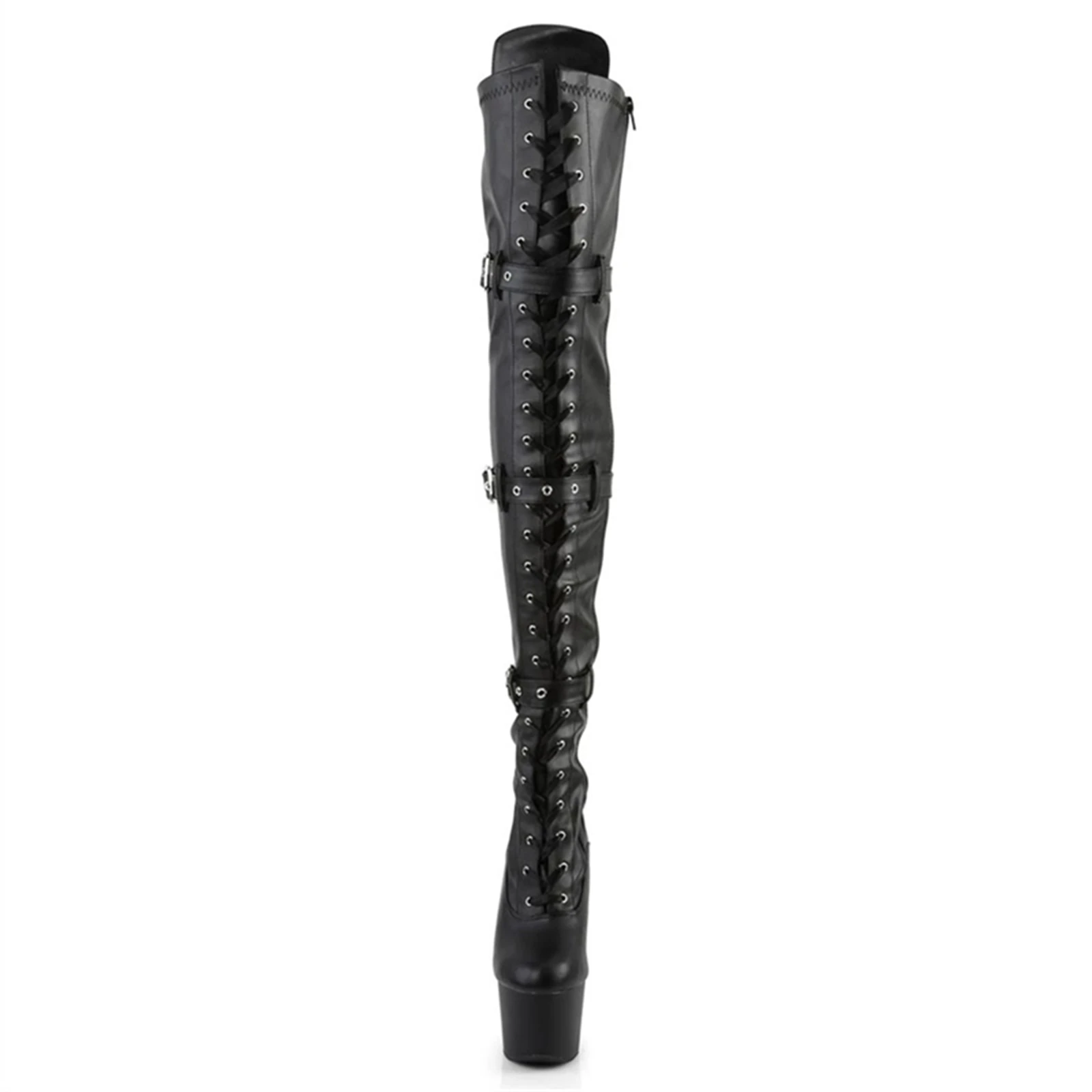Patent Over Knee Boots 17CM Heels | SIDE LACE-UP & Buckle Strap | Glossy Goth Platform Heels for Club & Stage