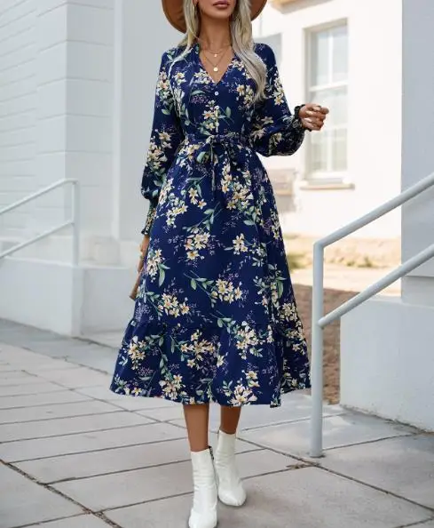 

2025 Autumn New Women's Long Sleeve Flower Printed Dress