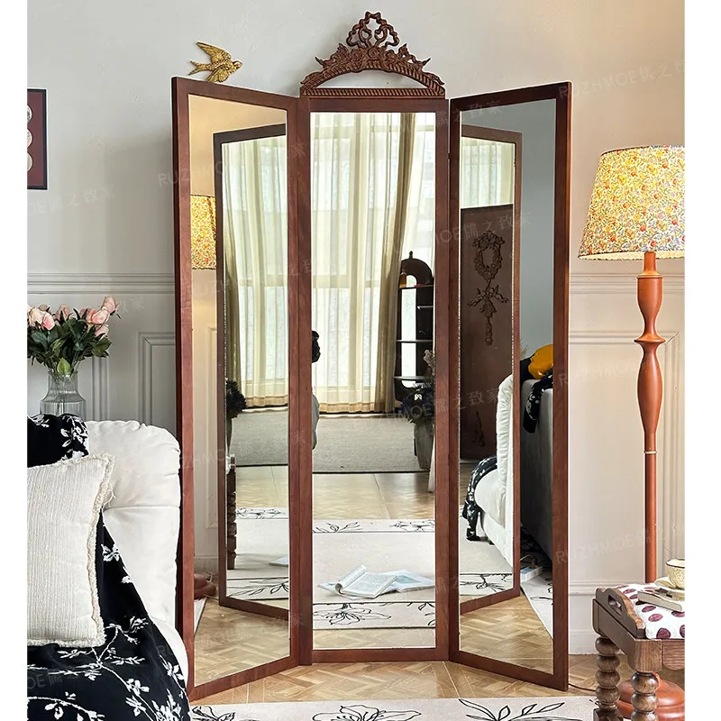 LMM,solid wood three-fold full-length mirror carved full-length mirror medium antique wall-mounted small apartment