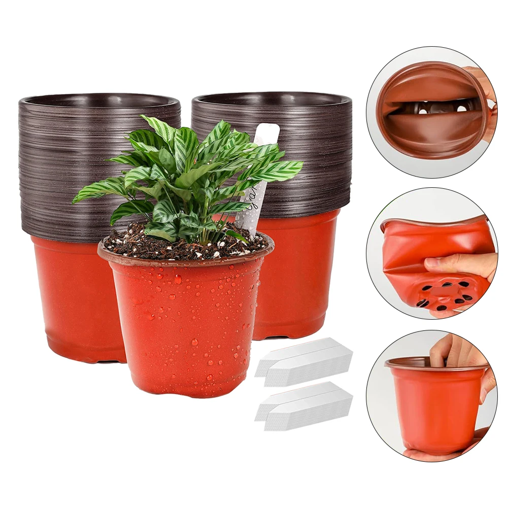 100 Pcs 4 Inch Red White Plastic Plant Pots With Labels Drainage Holes For Cuttings Vegetables Garden Nursery Tray