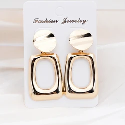 Gold Color Square Women Drop Earrings Hollow Trapezoid Pendants Round Piece Zinc Alloy Ladies Party Ear Jewelry 2024 brincos