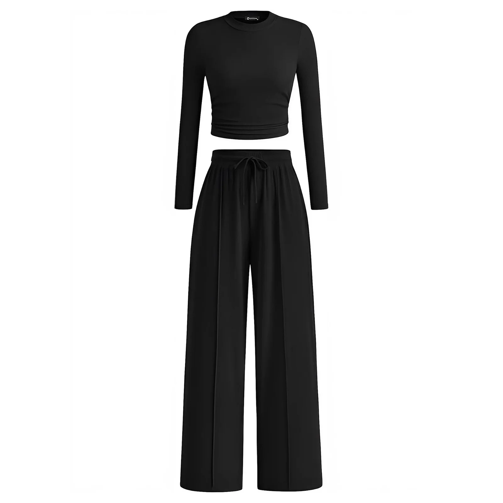 Ropa informal de 2 piezas para mujer, jersey de manga larga con cuello simulado, camiseta recortada y pantalones de pierna ancha, ropa de descanso para tiempo libre diario