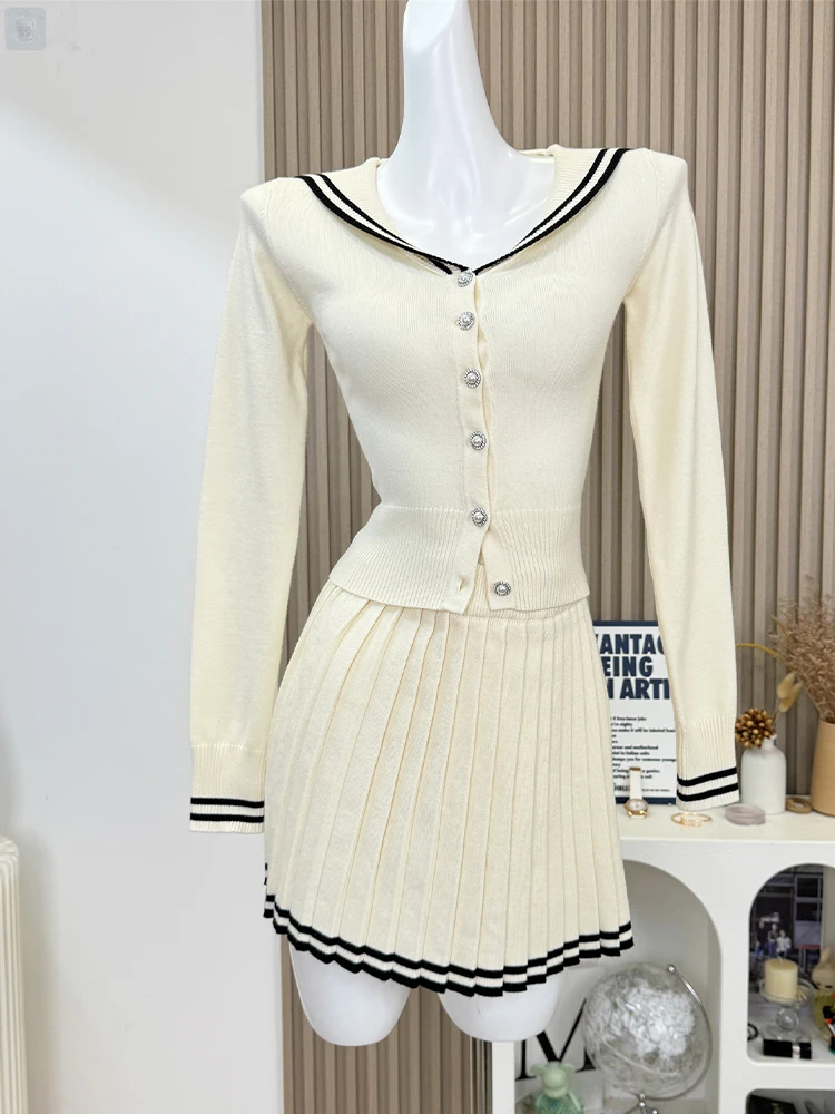 Autumn Winter Women Suit Old Money Knit Outfits 2 Piece Set Long Sleeve Sailor collar Cardigan Sweaters + Mini Pleated Skirt New