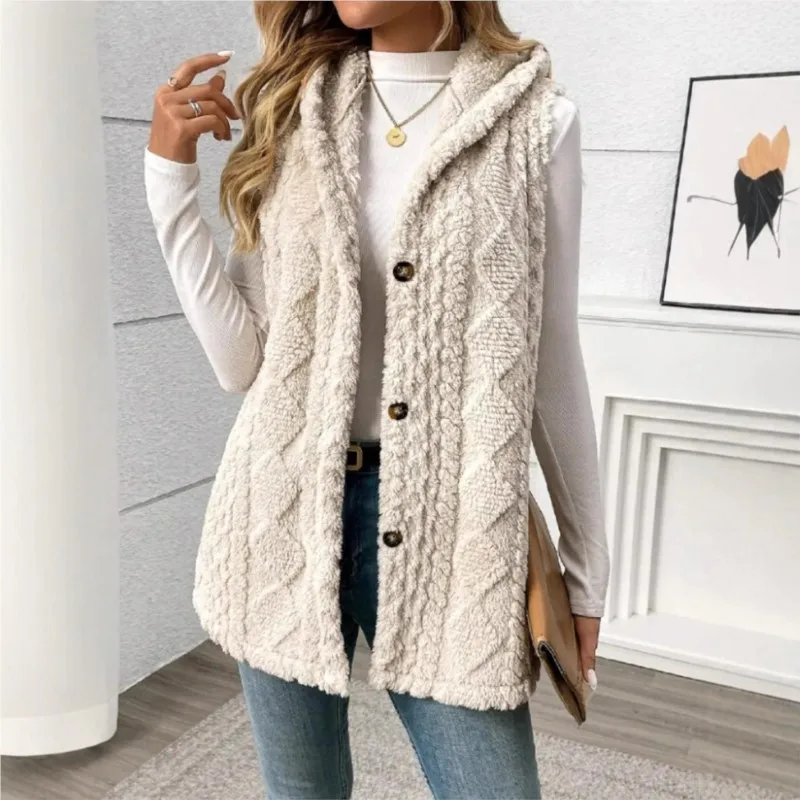 New Women's Tank Jackets Coat Fashion Double-sided Plush Hooded Button Cardigan Casual Autumn  Winter Vest Woolen Jacket Women