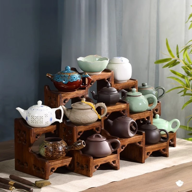 Chinese desktop small stand solid wood teapot display stand purple clay pot placement