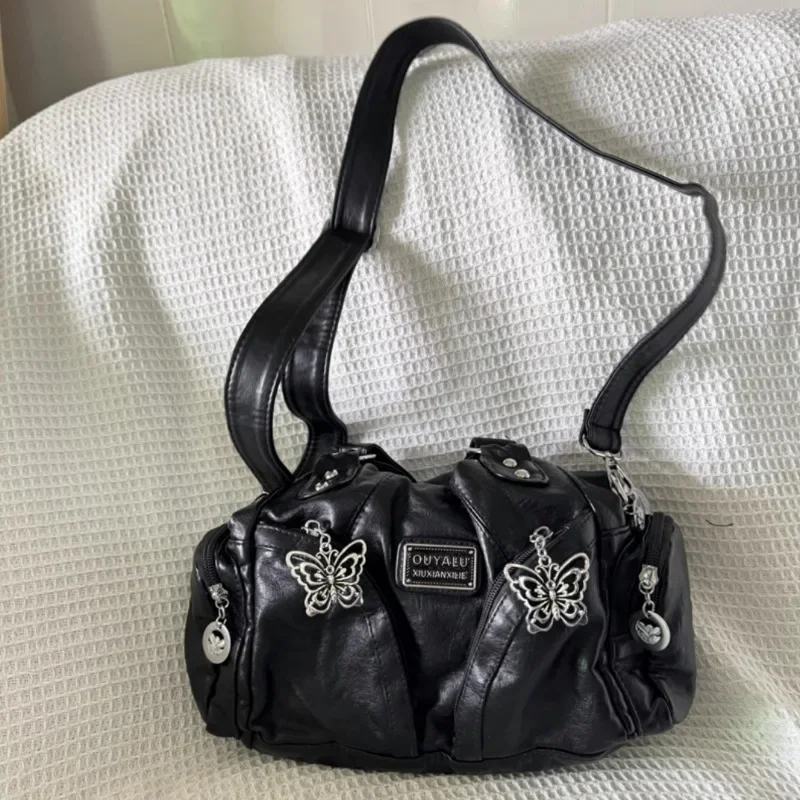 Y2k tas bahu hitam wanita, Tote Bag kulit motor Vintage kapasitas besar mode canggih Gotik