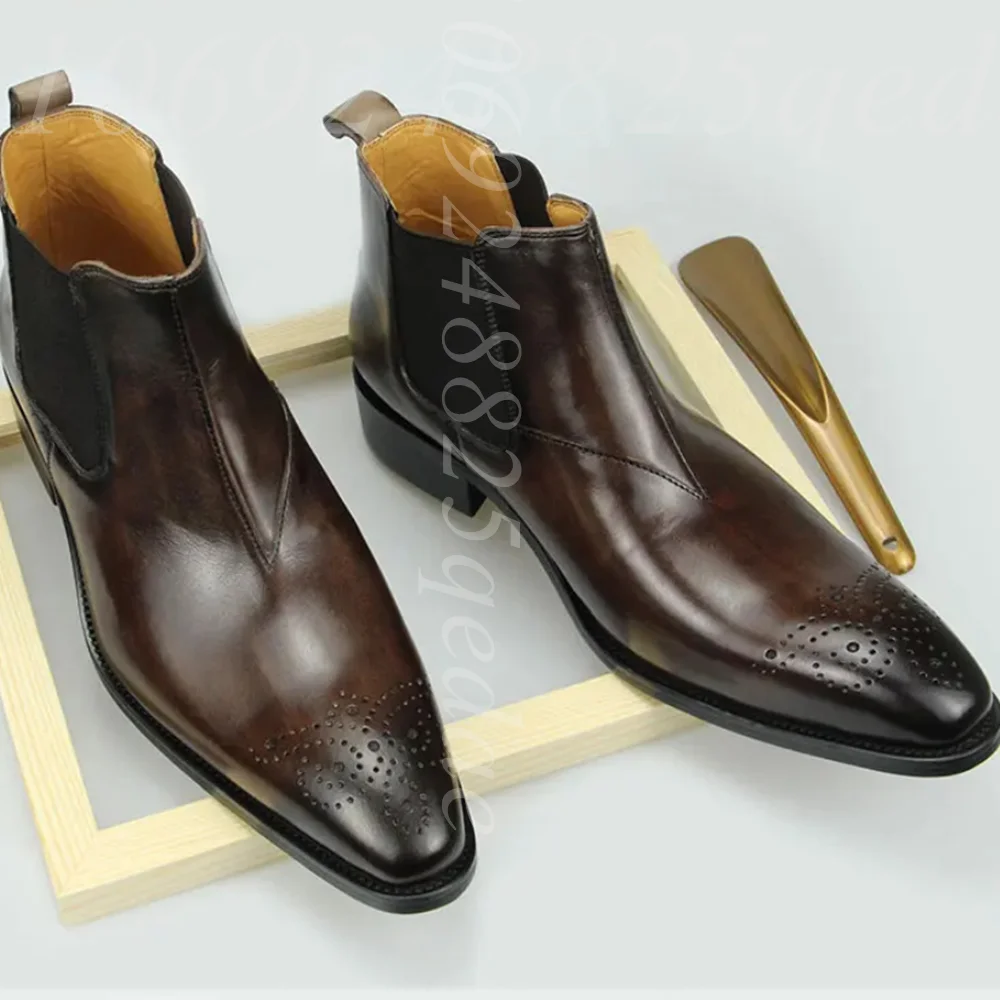 Luxury British Style Men's Brown Polished Leather Chelsea Boots, Brogue Detail Elastic Panel Ankle Boots for Gentlemen's Formal