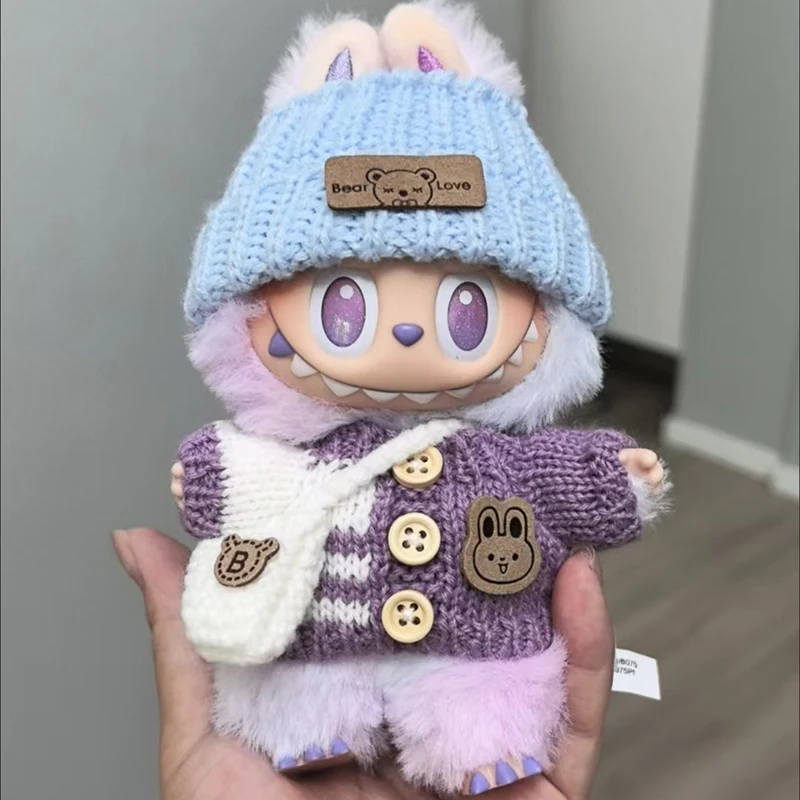 

For 17cm V1/V2 Labubu Clothes Outfit Labubu Sitting Party Bear Label Scarf Hat Button Sweater Jean Shorts Dolls Accessories