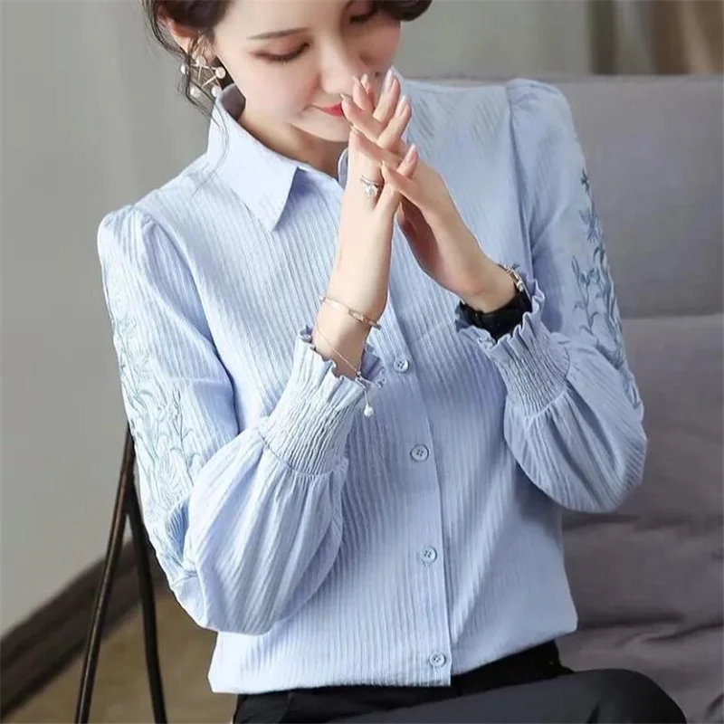 Pure Cotton Embroidered Blouses Female Shirt Lantern Sleeve Top Fold Floral Border Spring Casual Women Clothes Button Up Bloue