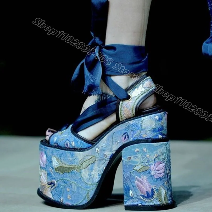 Embroider Ankle Strap Platform Sandals Peep Toe Chunky Heels Retro Style Party Casual Summer Women Sandals Zapatos Para Mujere - Image 2