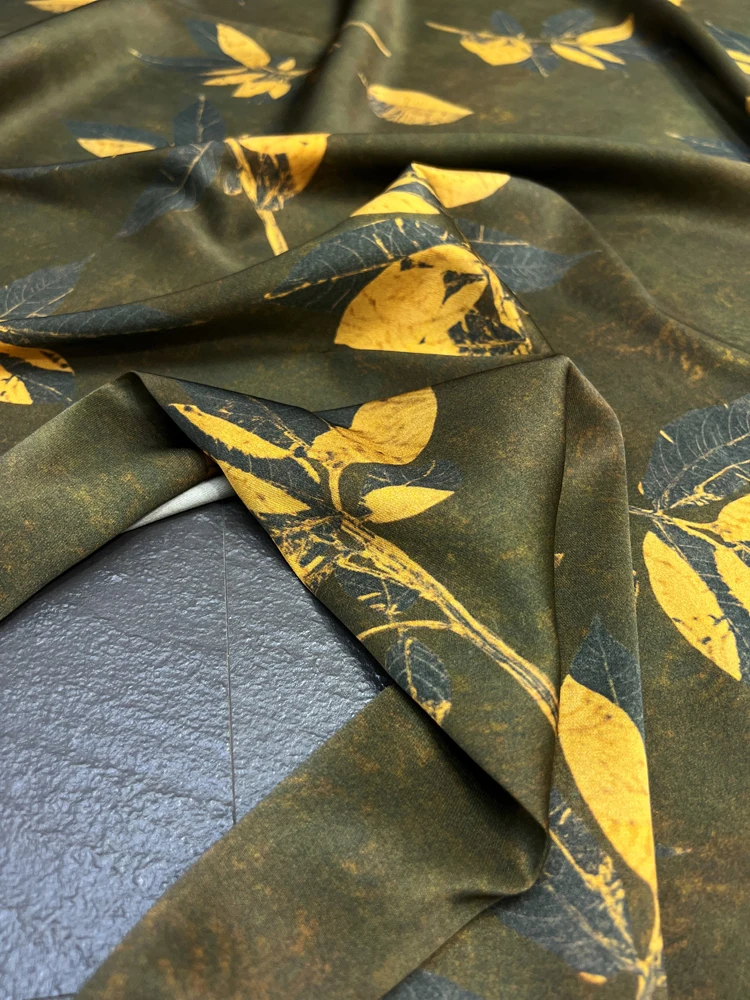 Vintage Leaves Printed Stretch Silk Twill Fabric for Dresses and Shirts