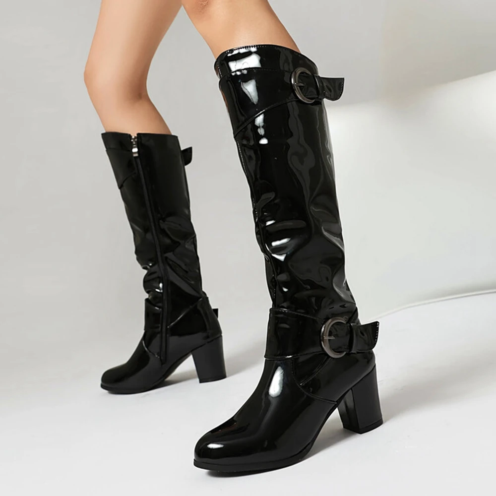 Botas De Mujer Classic Women Knee High Boots Round Toe High Heels Zip Belt Buckle Side Zipper Pleated Winter Warm Long Booties