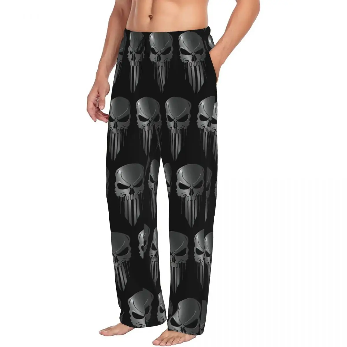 Custom Heavy Metal Skeleton Skull Punishers Pajama Pants Men Sleepwear Sleep Lounge Bottoms with Pockets