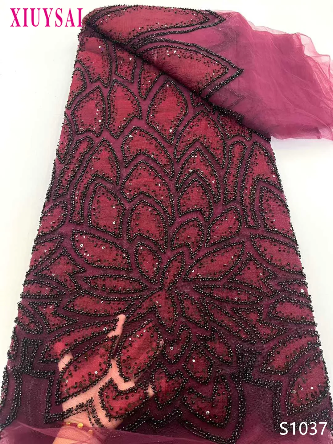 

Luxury Red French Tulle Lace Fabric with Sequins Beads for Bridal Dress Nigerian Groom High Quality African Wedding